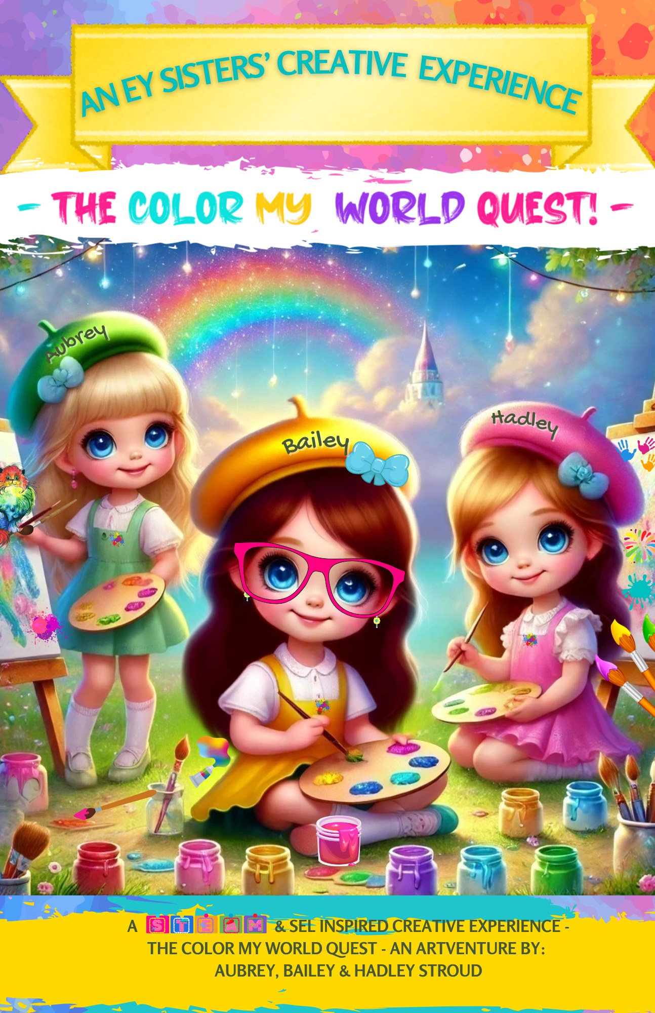The Color My World Quest booklet cover — three young artists painting in a rainbow garden