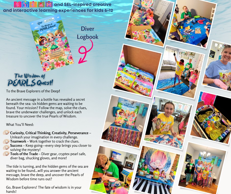The Wisdom of Pearls Quest in action — children diving into an underwater treasure adventure with props, costumes, and the Diver Logbook