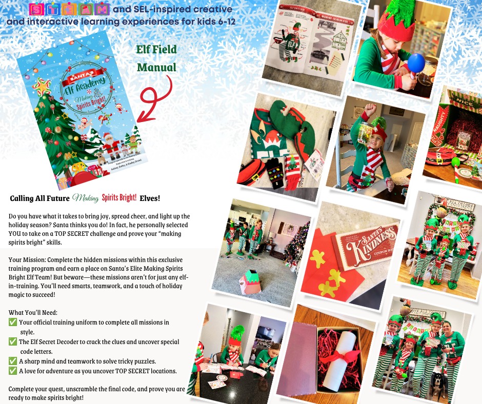 Santa's Elf Academy Quest in action — children in elf uniforms completing holiday missions with decoder tools and the Elf Field Manual