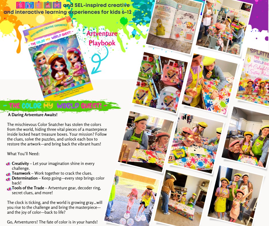 The Color My World Quest in action — children in aprons and berets painting, solving clues, and restoring color with the Artventure Playbook